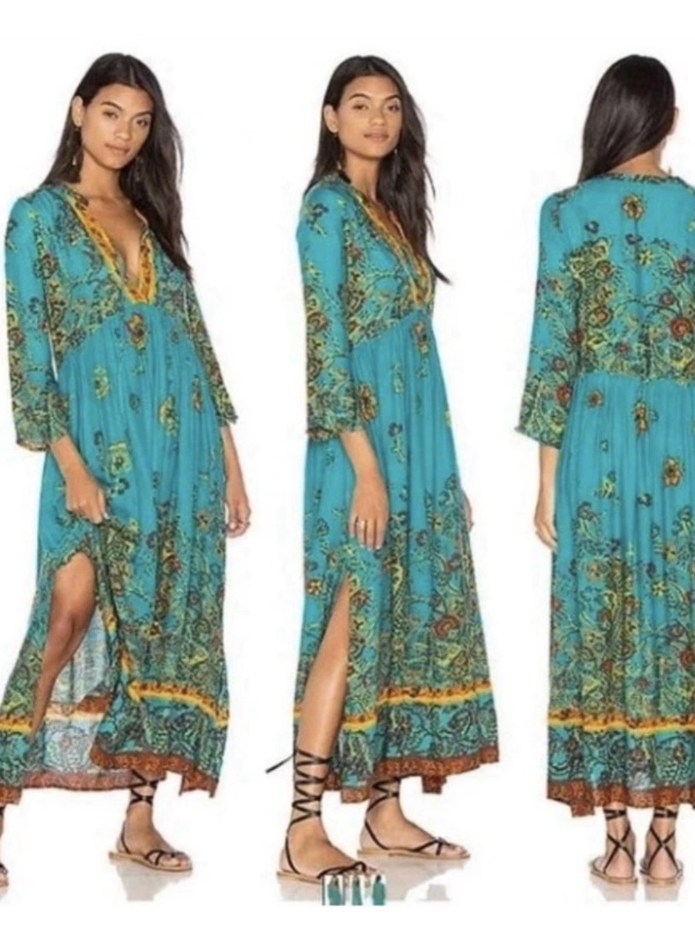 Free People Teal Floral Paisley Maxi Dress with Gold Trim